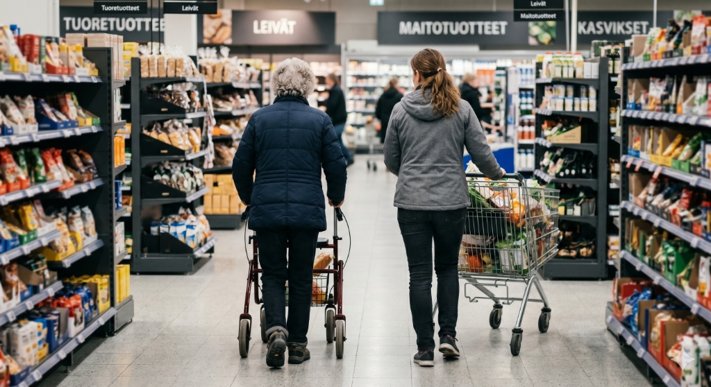 Hoitaja ja ikäihminen ostoskärryjen kanssa ruokakaupassa